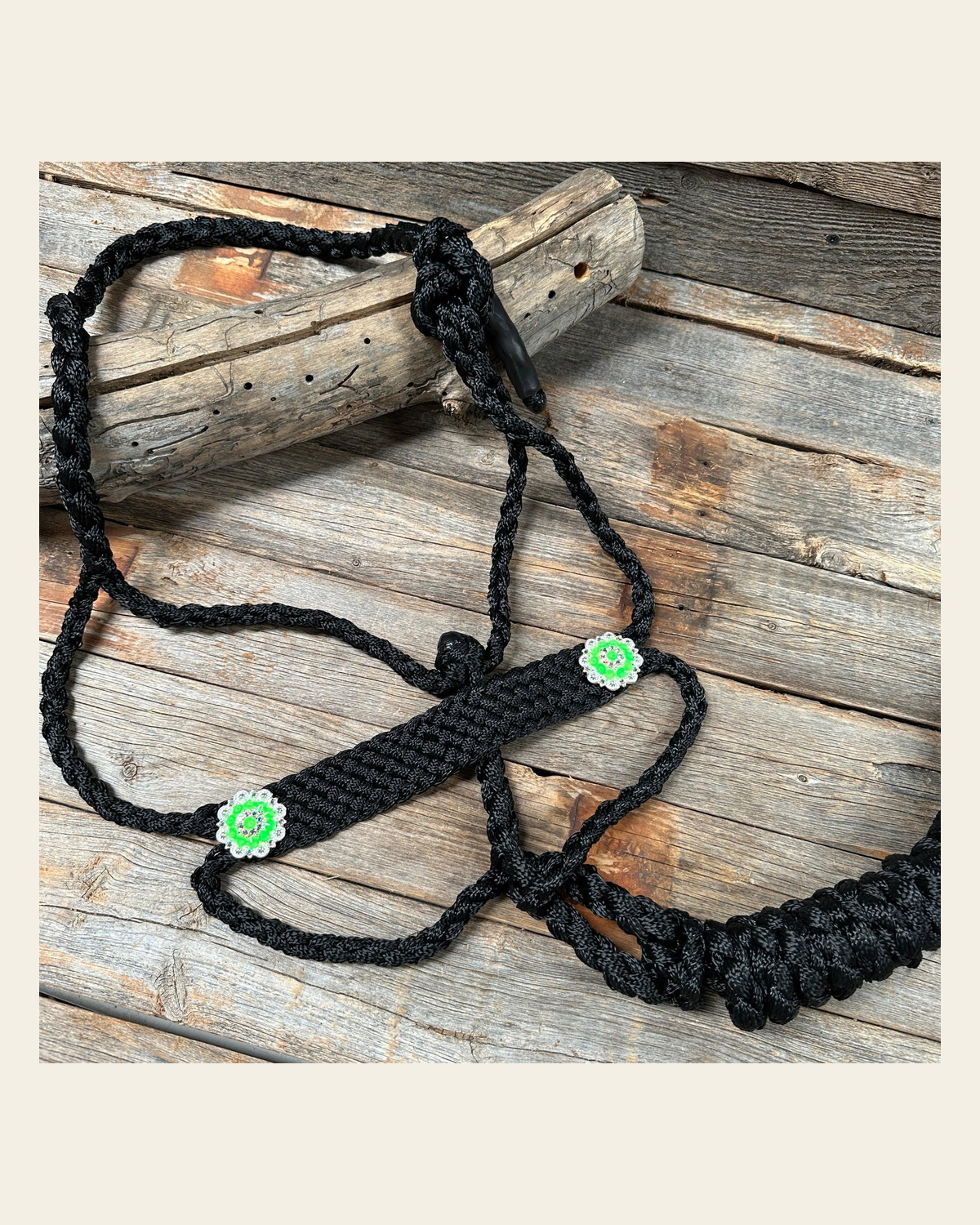Black and Neon Green Mule Tape Halter - #MT119 on a warm cream background