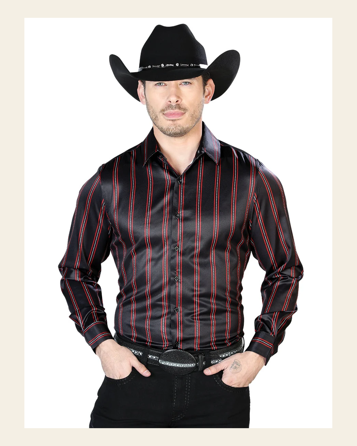 Black And Red Casual Long Sleeve Shirt 43922 on a warm cream background