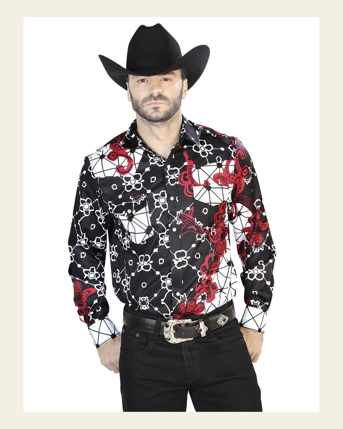 Black And Red Casual Long Sleeve Shirt 44076 on a warm cream background