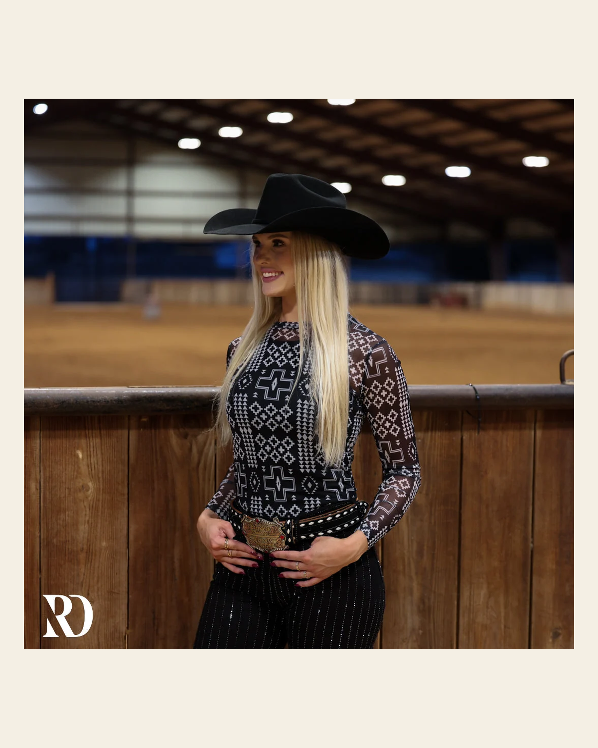 Black And White Aztec Mesh Layering Top on a warm cream background