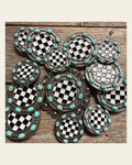 Black and White Checkered Turquoise Concho #W273 on a warm cream background