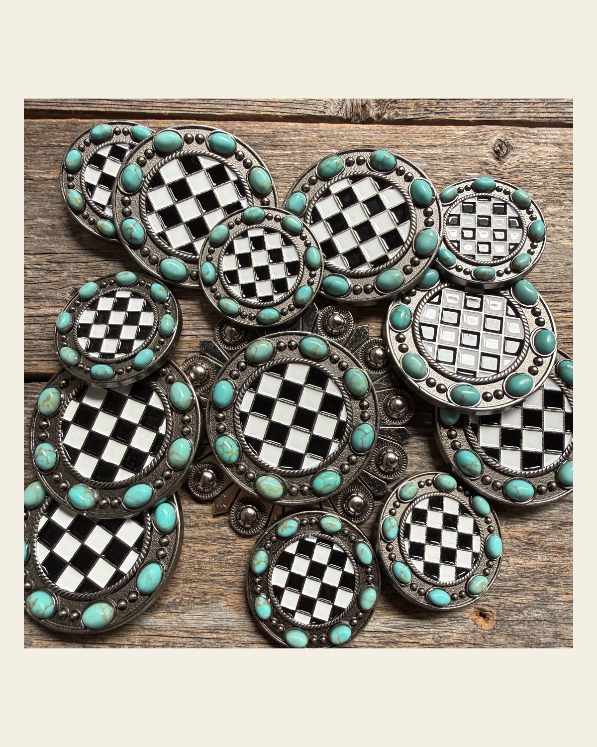 Black and White Checkered Turquoise Concho #W273 on a warm cream background