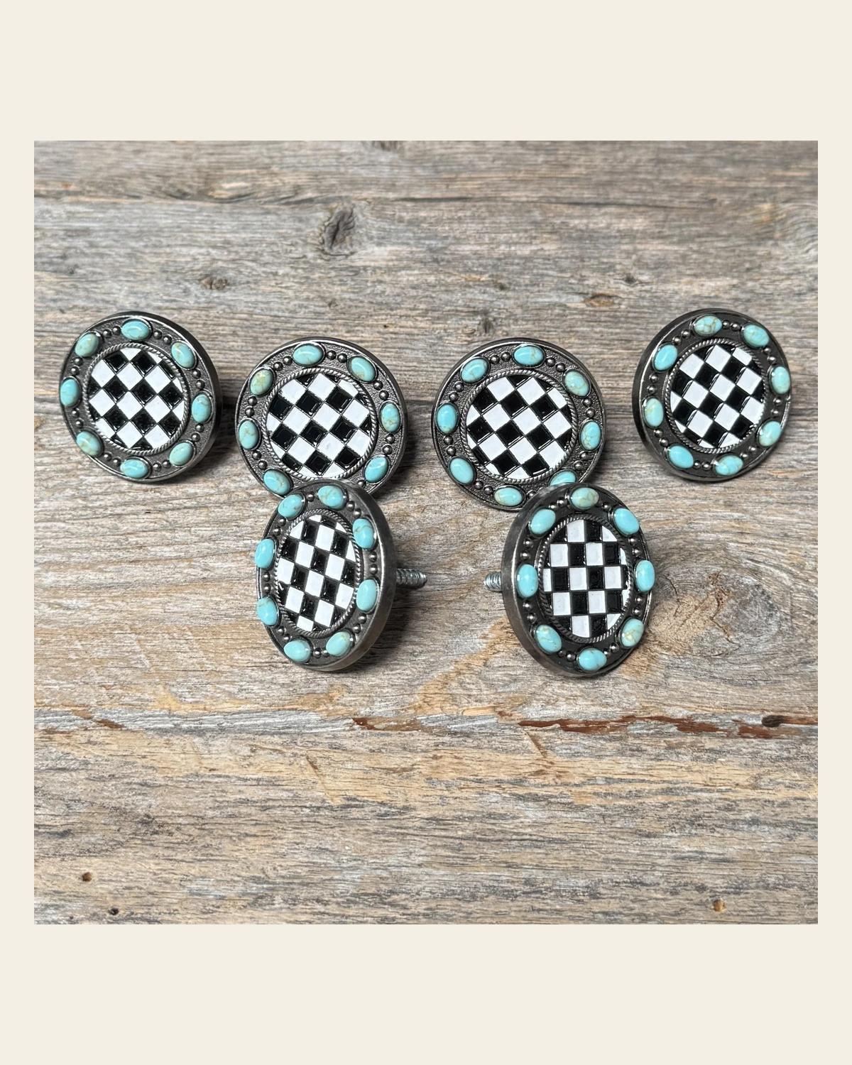 Black and White Checkered Turquoise Saddle Set SSW273 on a warm cream background