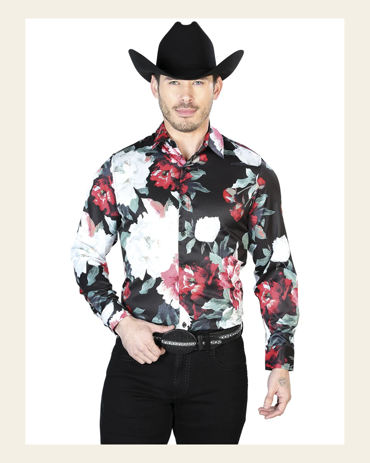 Black And White Flowers Casual Long Sleeve Shirt 43670 on a warm cream background