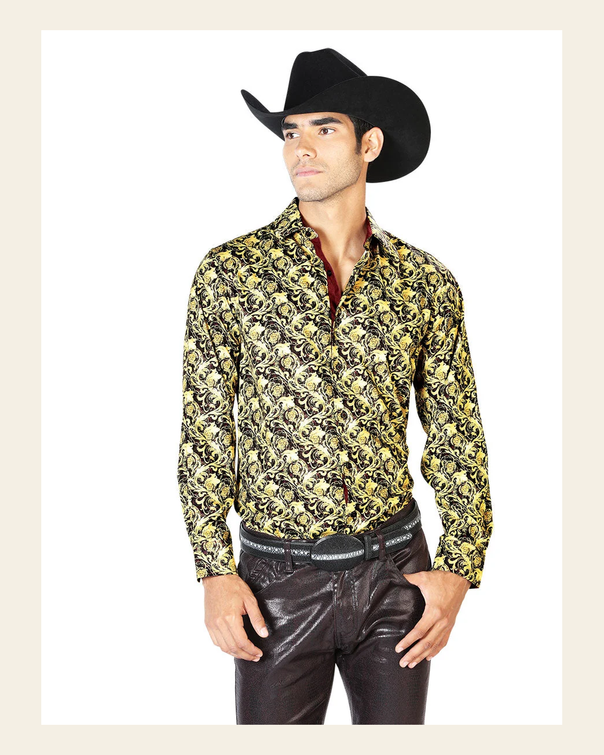 Black And Yellow Casual Long Sleeve Shirt 43542 on a warm cream background