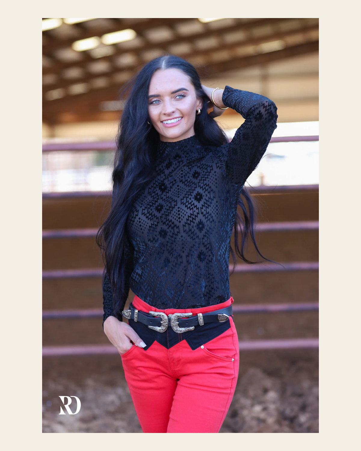 Black Aztec Velvet Burnout Layering Top on a warm cream background