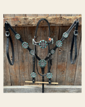 Black Basketweave Checkered and Turquoise Browband | One Ear Tack Set #BBBC523 on a warm cream background