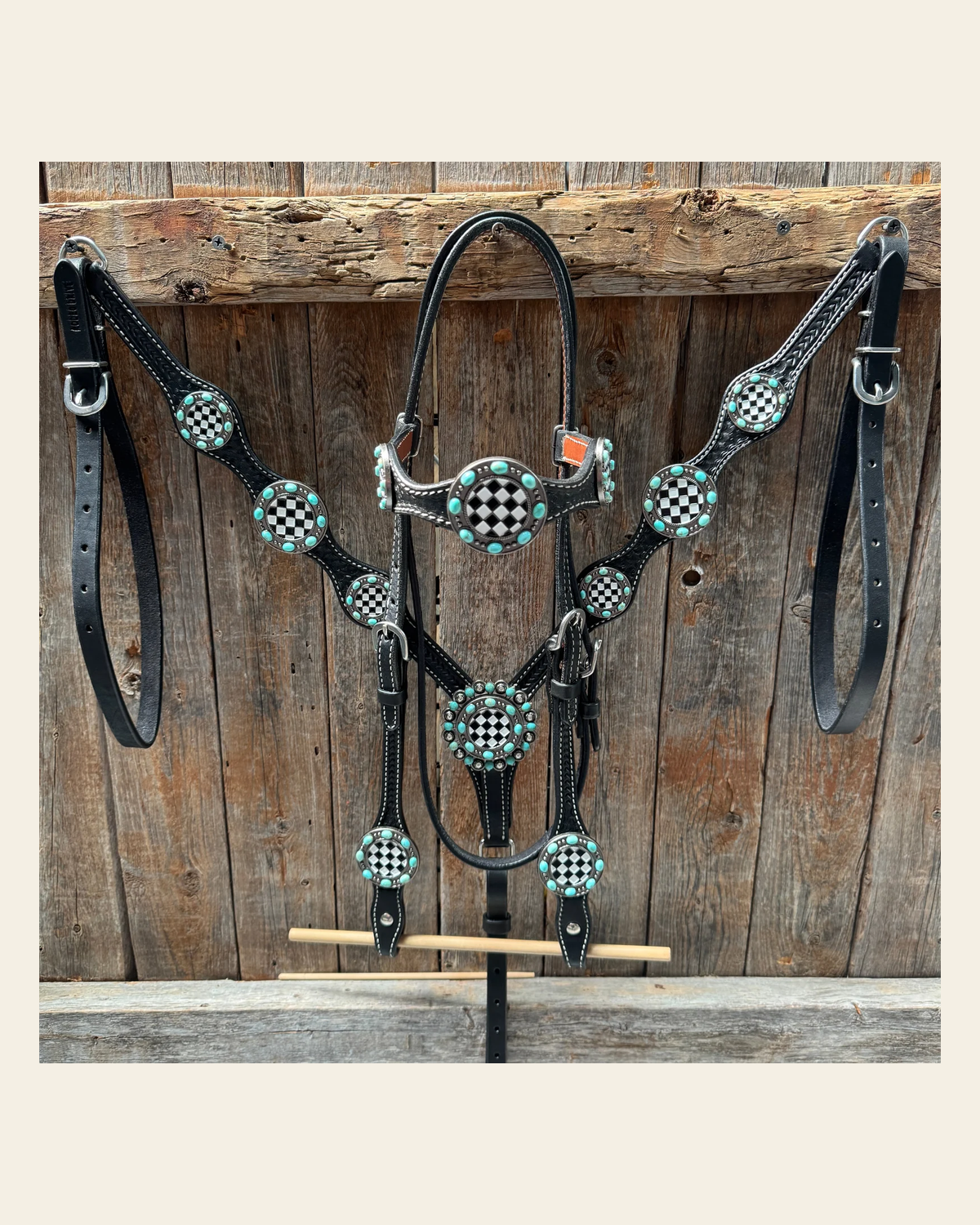 Black Basketweave Checkered and Turquoise Browband | One Ear Tack Set #BBBC523 on a warm cream background