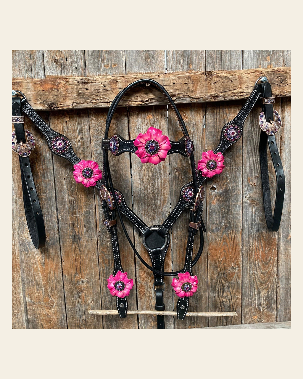 Black Basketweave Pink and Purple Browband/One Ear Tack Set #BBBC407 on a warm cream background