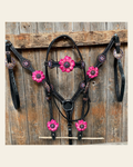 Black Basketweave Pink and Purple Browband/One Ear Tack Set #BBBC407 on a warm cream background