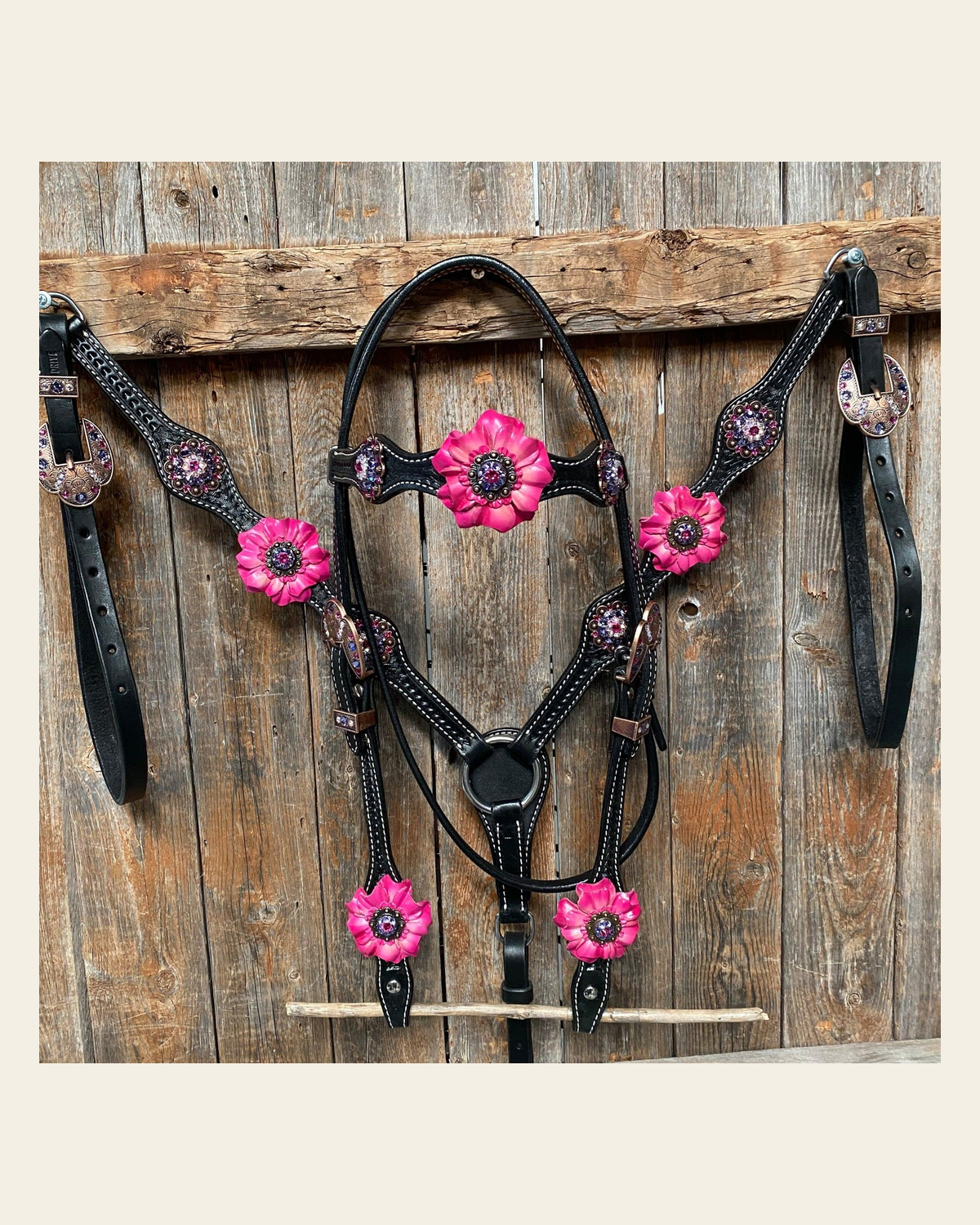 Black Basketweave Pink and Purple Browband/One Ear Tack Set #BBBC407 on a warm cream background