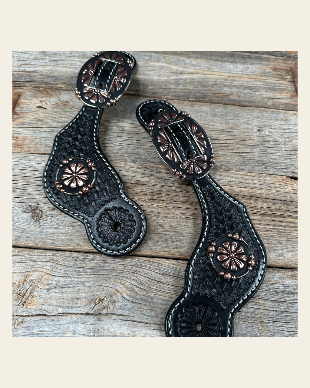 Black Basketweave Spur Straps - Copper Flower #SS119 on a warm cream background