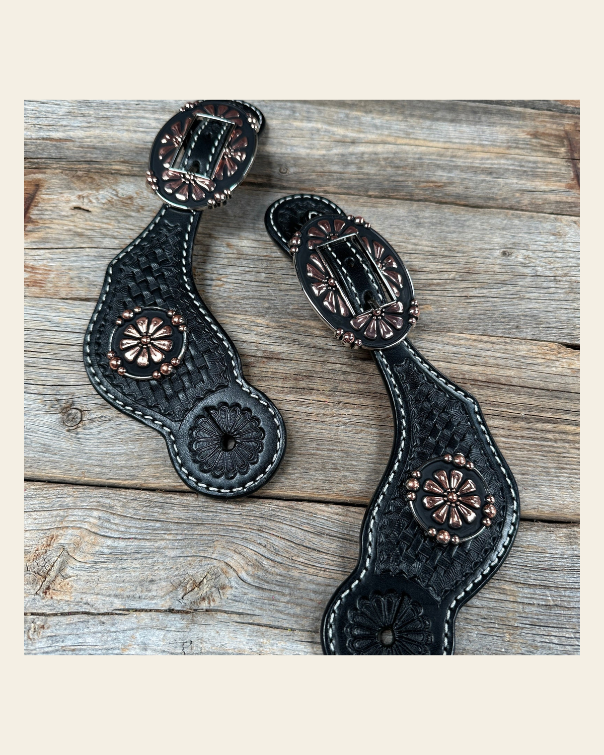 Black Basketweave Spur Straps - Copper Flower #SS119 on a warm cream background