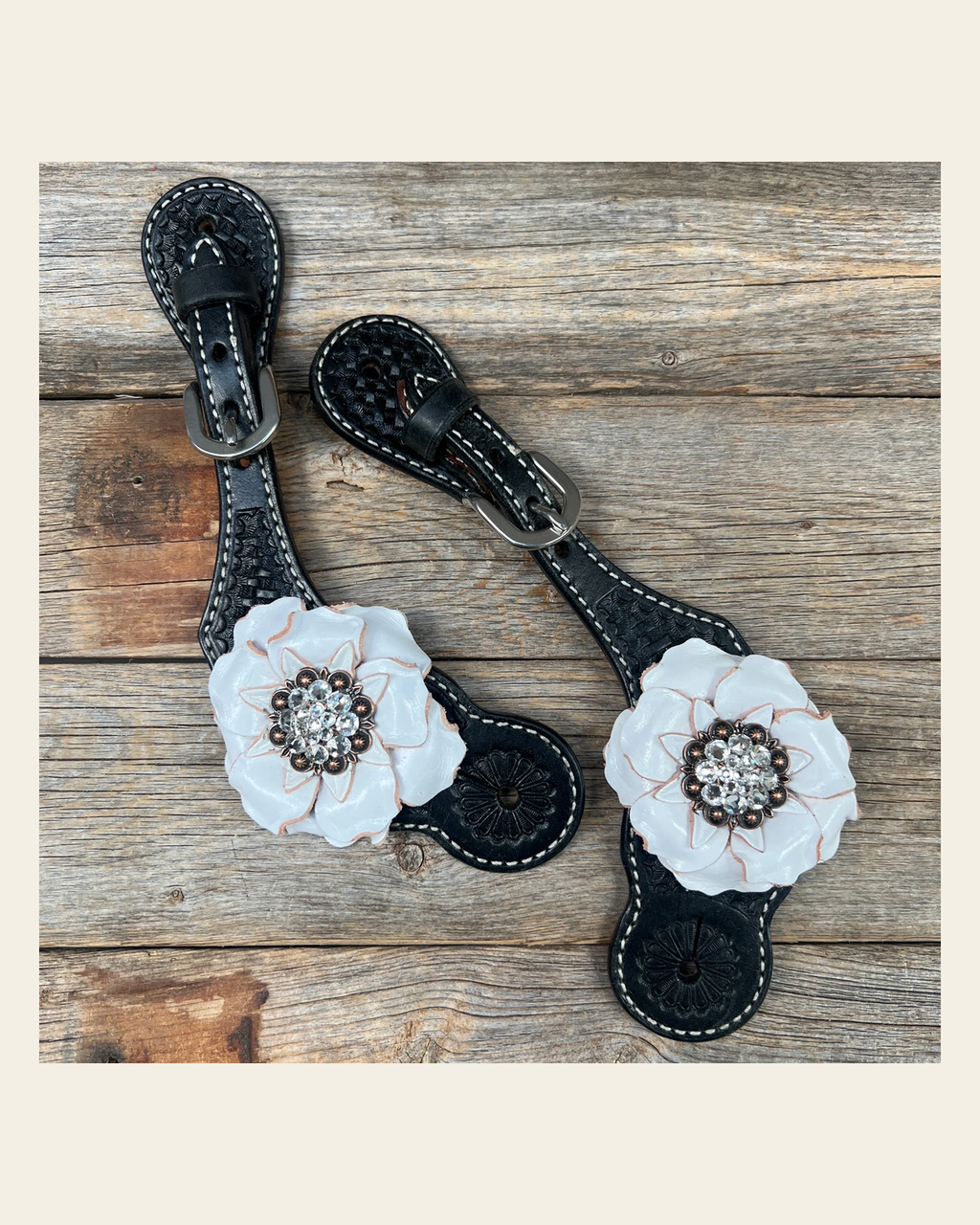 Black Basketweave Spur Straps #SS100 on a warm cream background