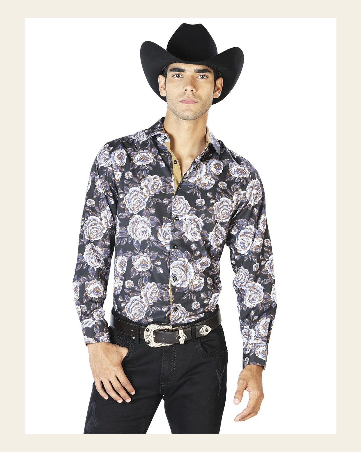 Black Beige Casual Long Sleeve Shirt 43540 on a warm cream background