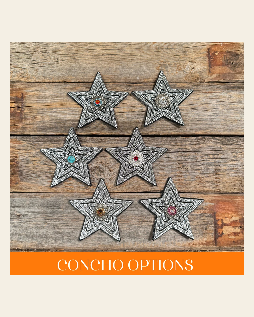 Black Big Star Rhinestone Rosette - Assorted Conchos on a warm cream background