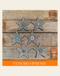 Black Big Star Rhinestone Rosette - Assorted Conchos on a warm cream background