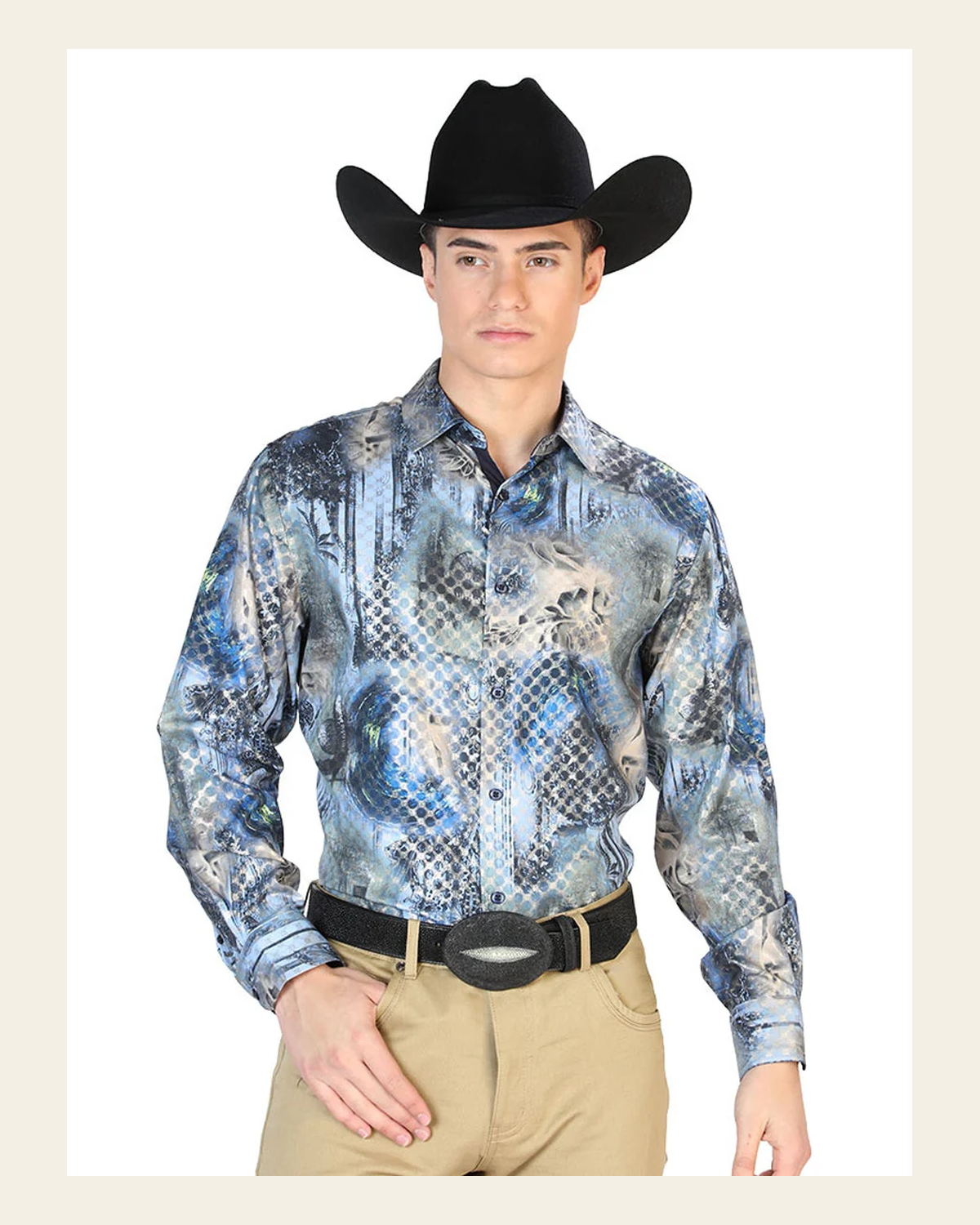 Black Blue Casual Long Sleeve Shirt 43878 on a warm cream background