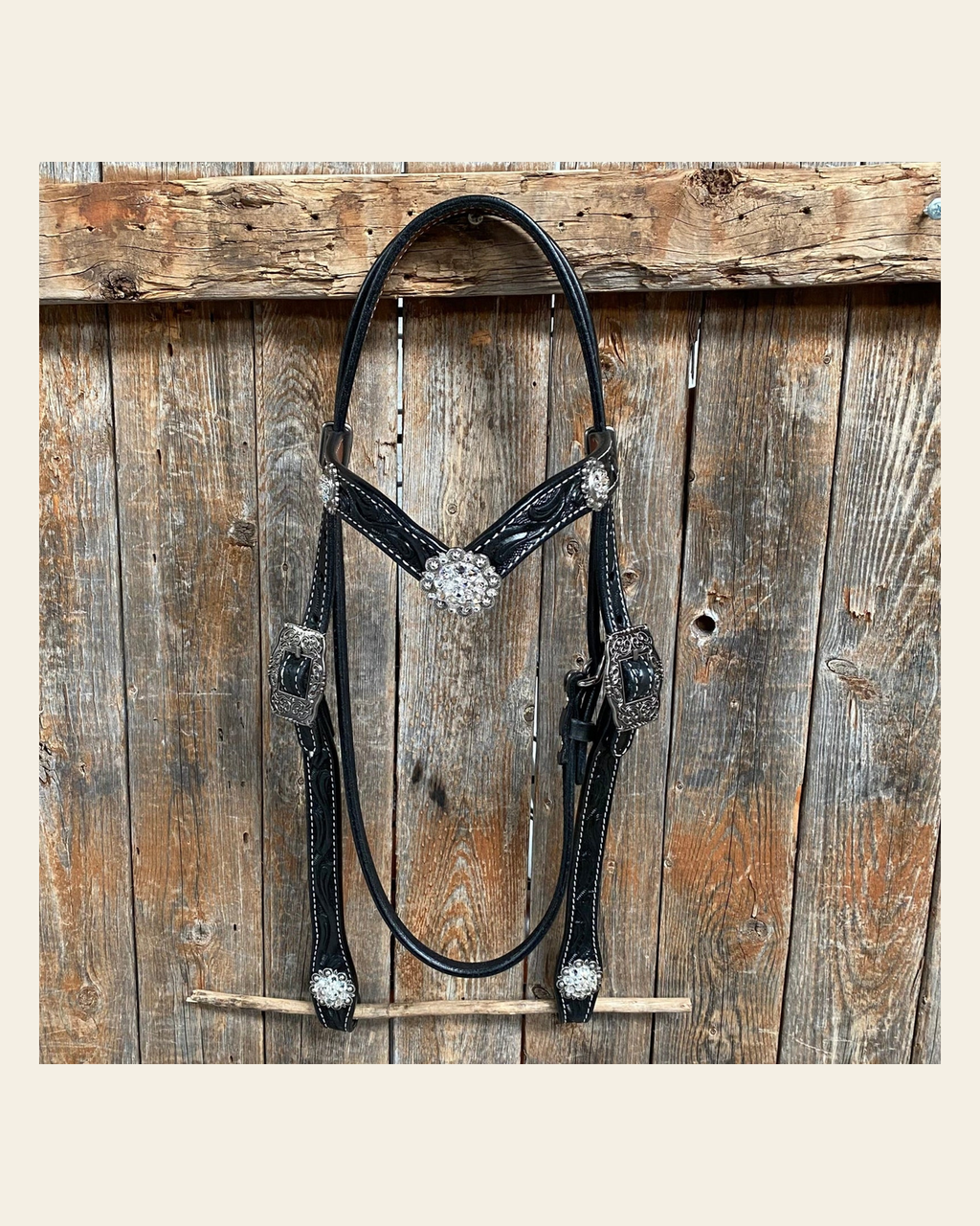 Black Browband Headstall / Bridle & Crystal Conchos #BB205 on a warm cream background