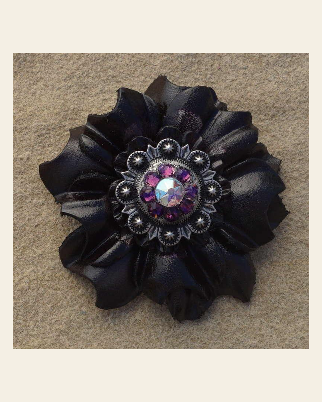Black Carnation Flower With Antique Silver Amethyst and AB 1" Concho on a warm cream background
