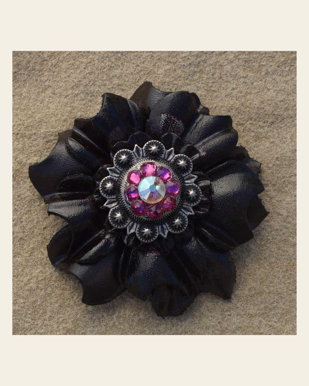 Black Carnation Flower With Antique Silver Fuchsia and AB 1" Concho on a warm cream background