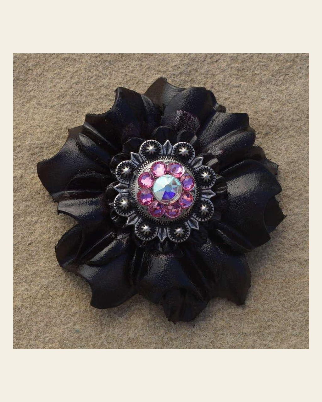 Black Carnation Flower With Antique Silver Pink and AB 1" Concho on a warm cream background