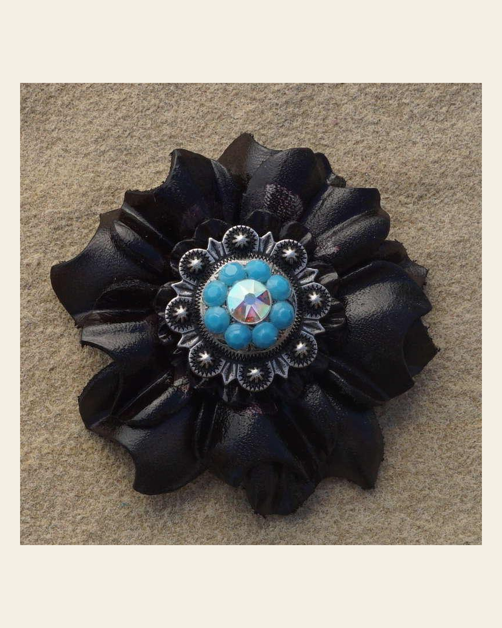 Black Carnation Flower With Antique Silver Turquoise and AB 1" Concho on a warm cream background
