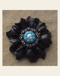 Black Carnation Flower With Antique Silver Turquoise and AB 1" Concho on a warm cream background