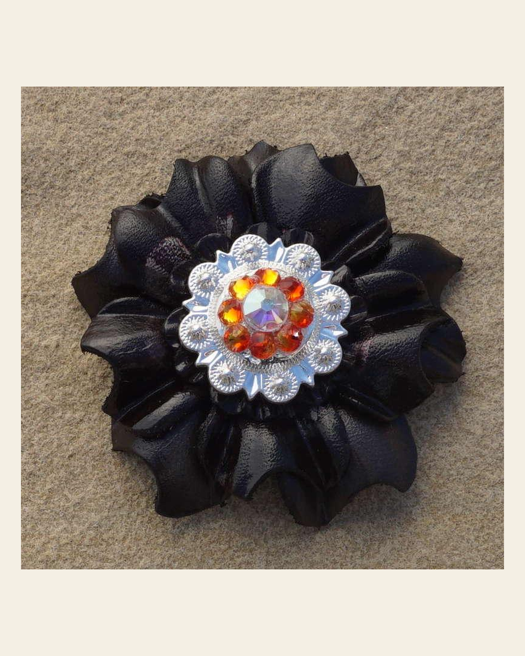 Black Carnation Flower With Bright Silver Fire Opal and AB 1" Concho on a warm cream background