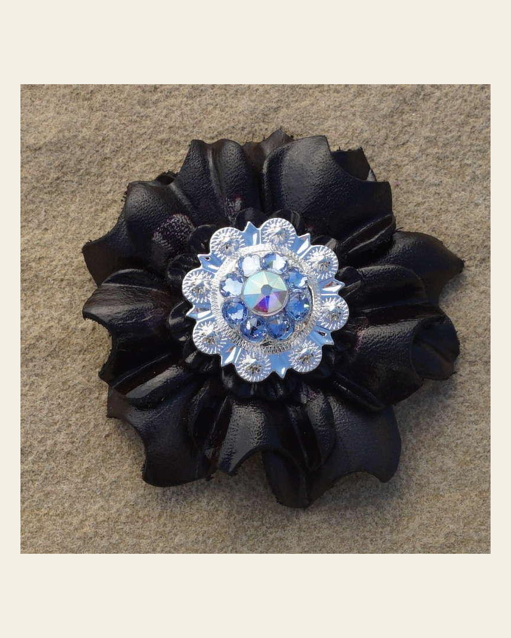 Black Carnation Flower With Bright Silver Light Sapphire and AB 1" Concho on a warm cream background