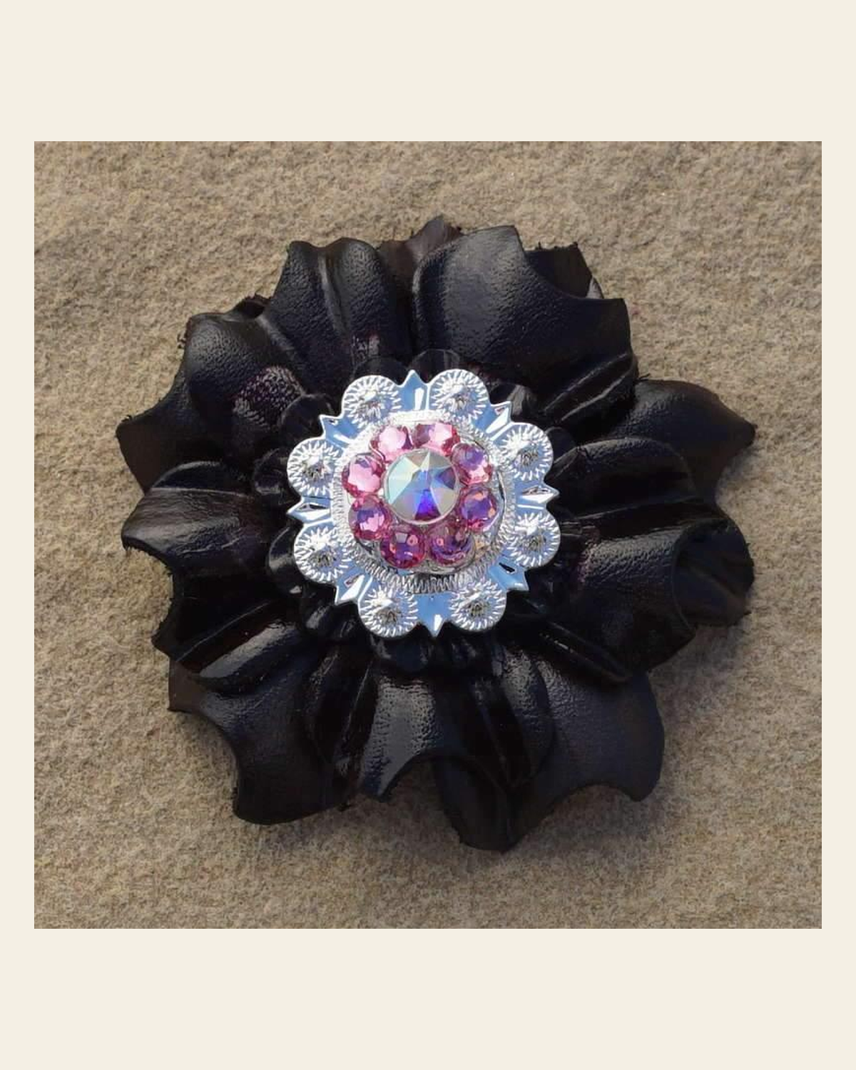 Black Carnation Flower With Bright Silver Pink & AB 1" Concho on a warm cream background