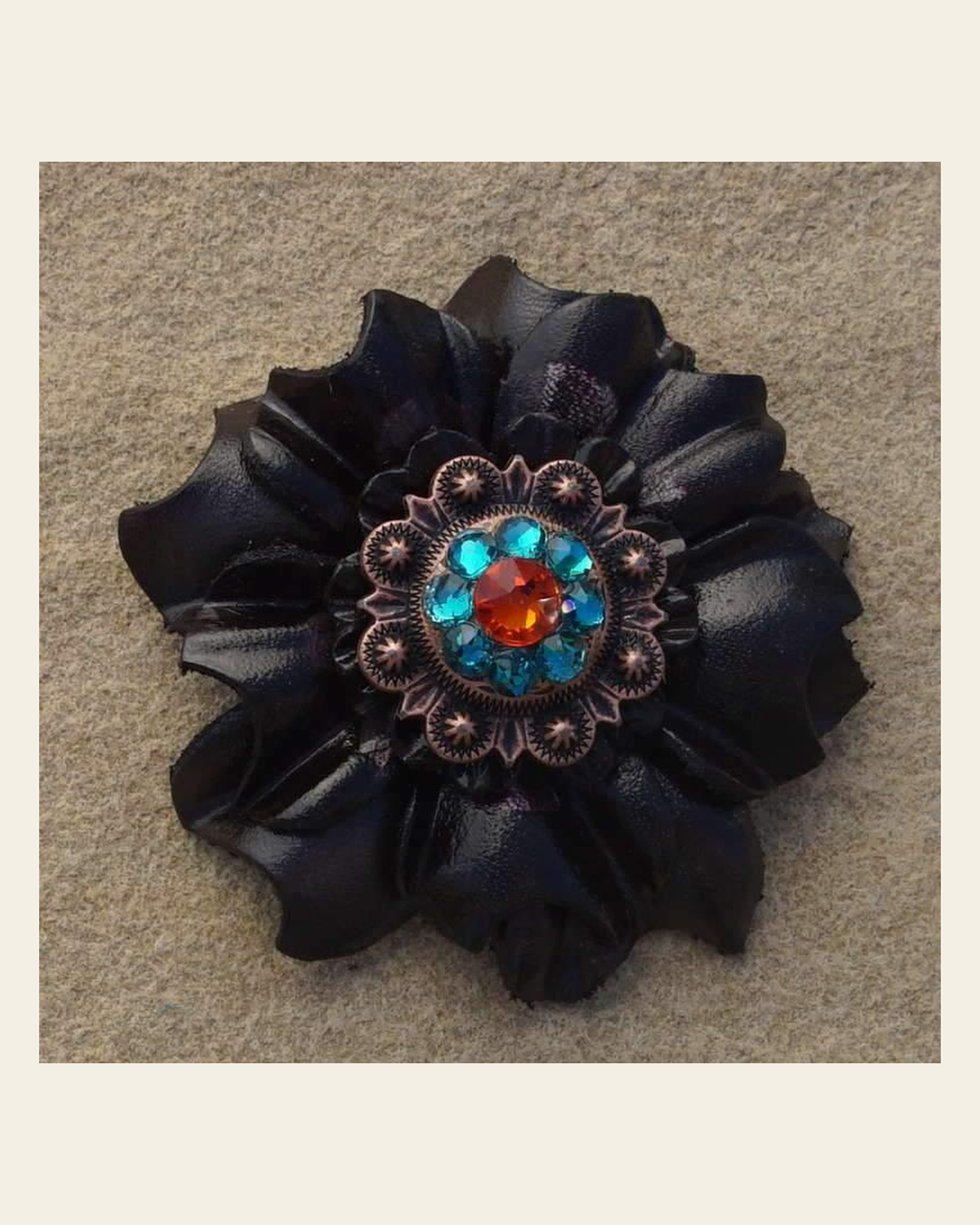 Black Carnation Flower With Copper Fire Opal & Teal 1" Concho on a warm cream background