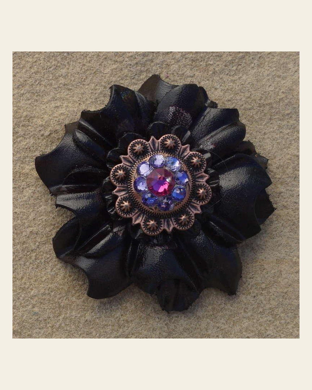 Black Carnation Flower With Copper Fuchsia and Lilac 1" Concho on a warm cream background