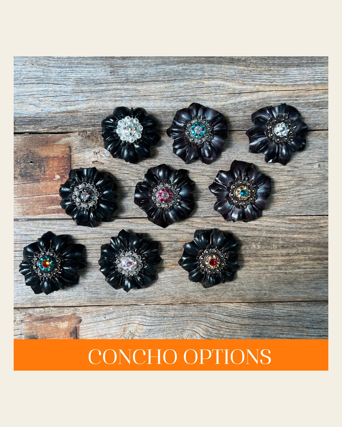 Black Carnations Leather Flowers - 1" Crystal Conchos - Options on a warm cream background