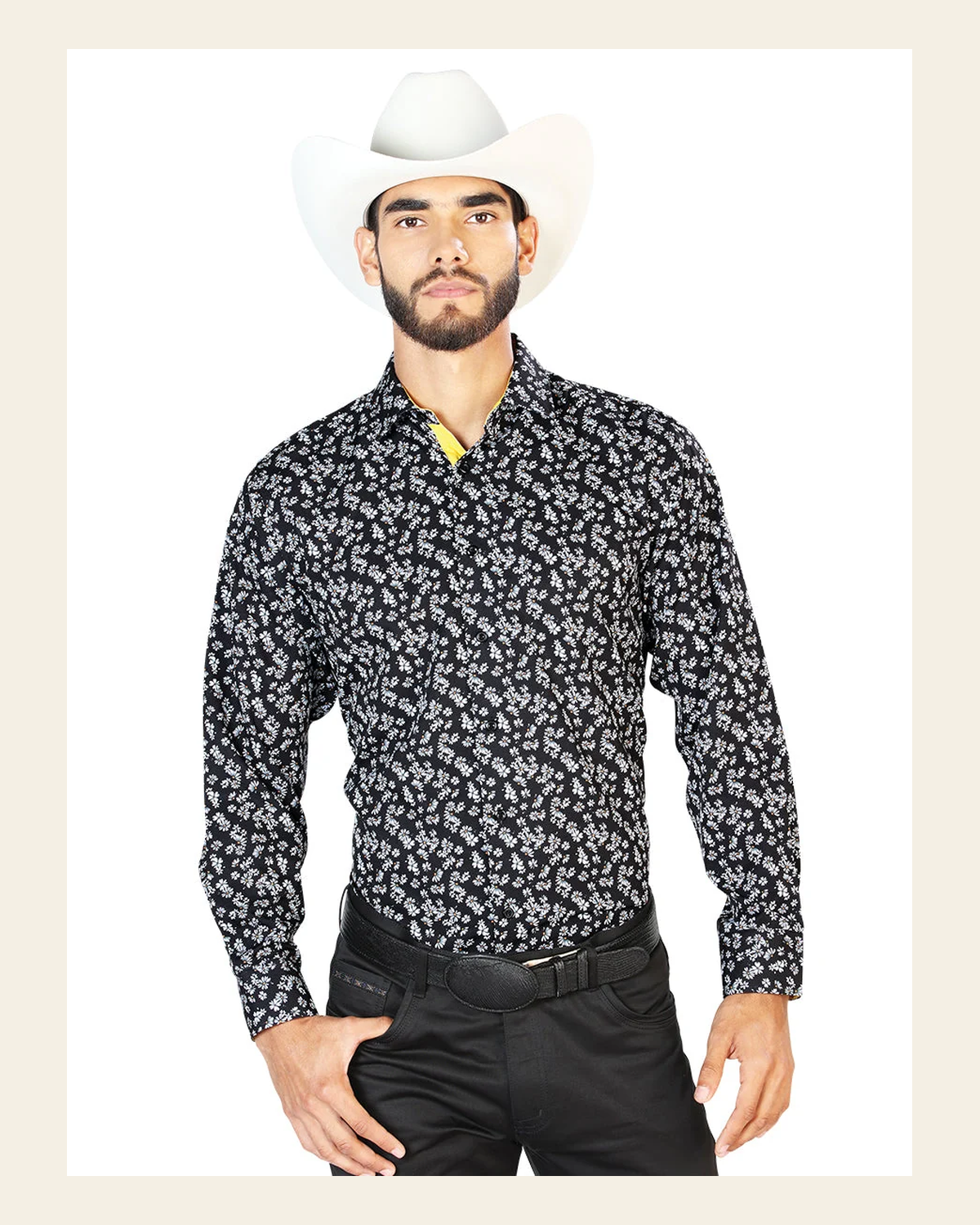 Black Casual Long Sleeve Shirt 126264 on a warm cream background