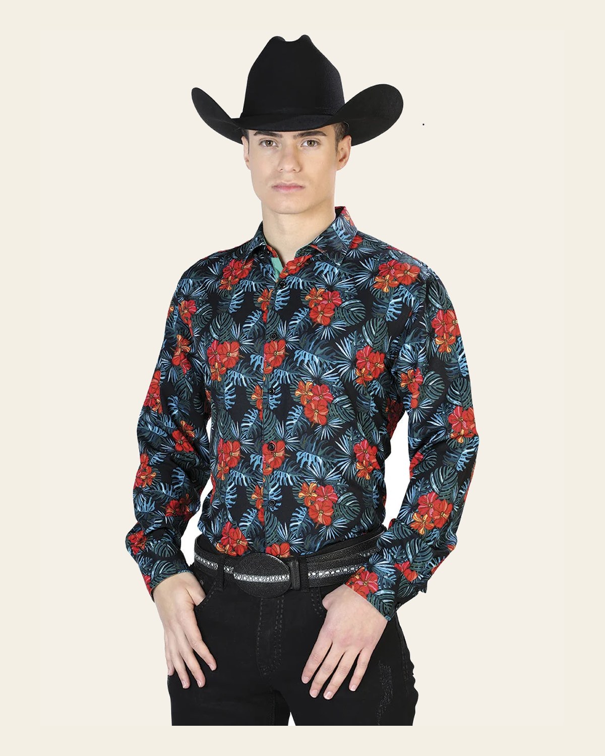 Black Casual Long Sleeve Shirt 126276 on a warm cream background