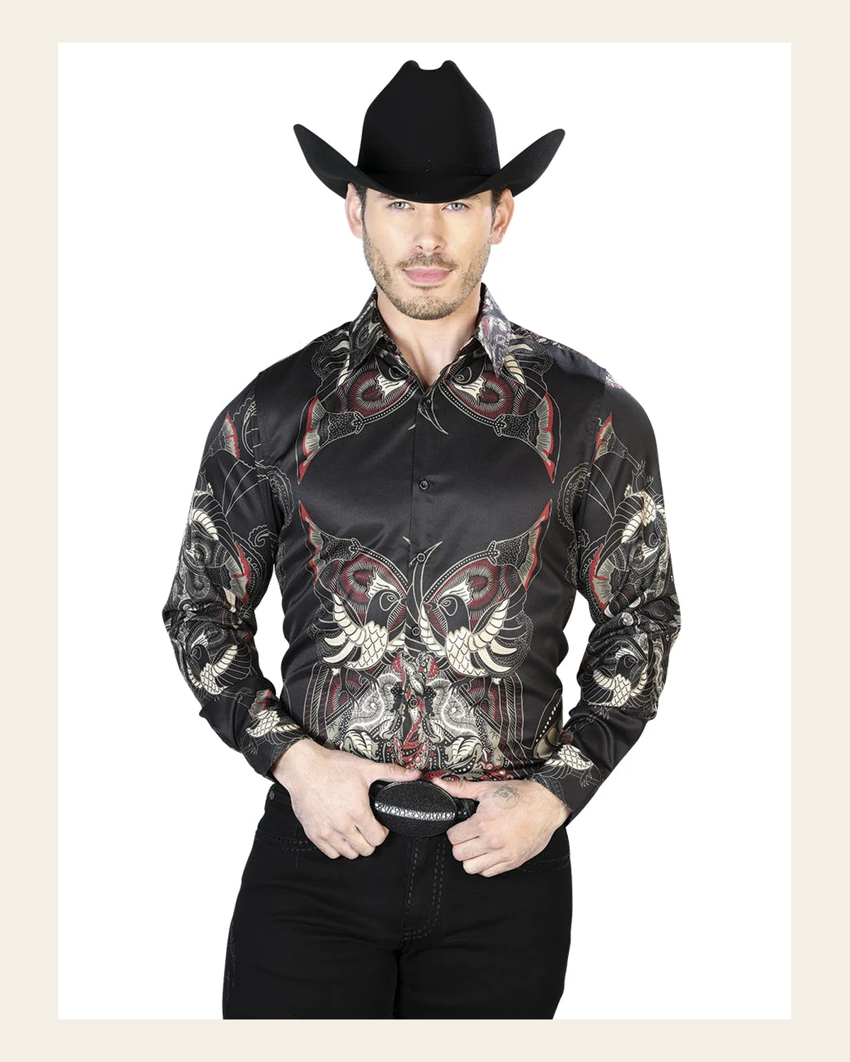 Black Casual Long Sleeve Shirt 43669 on a warm cream background