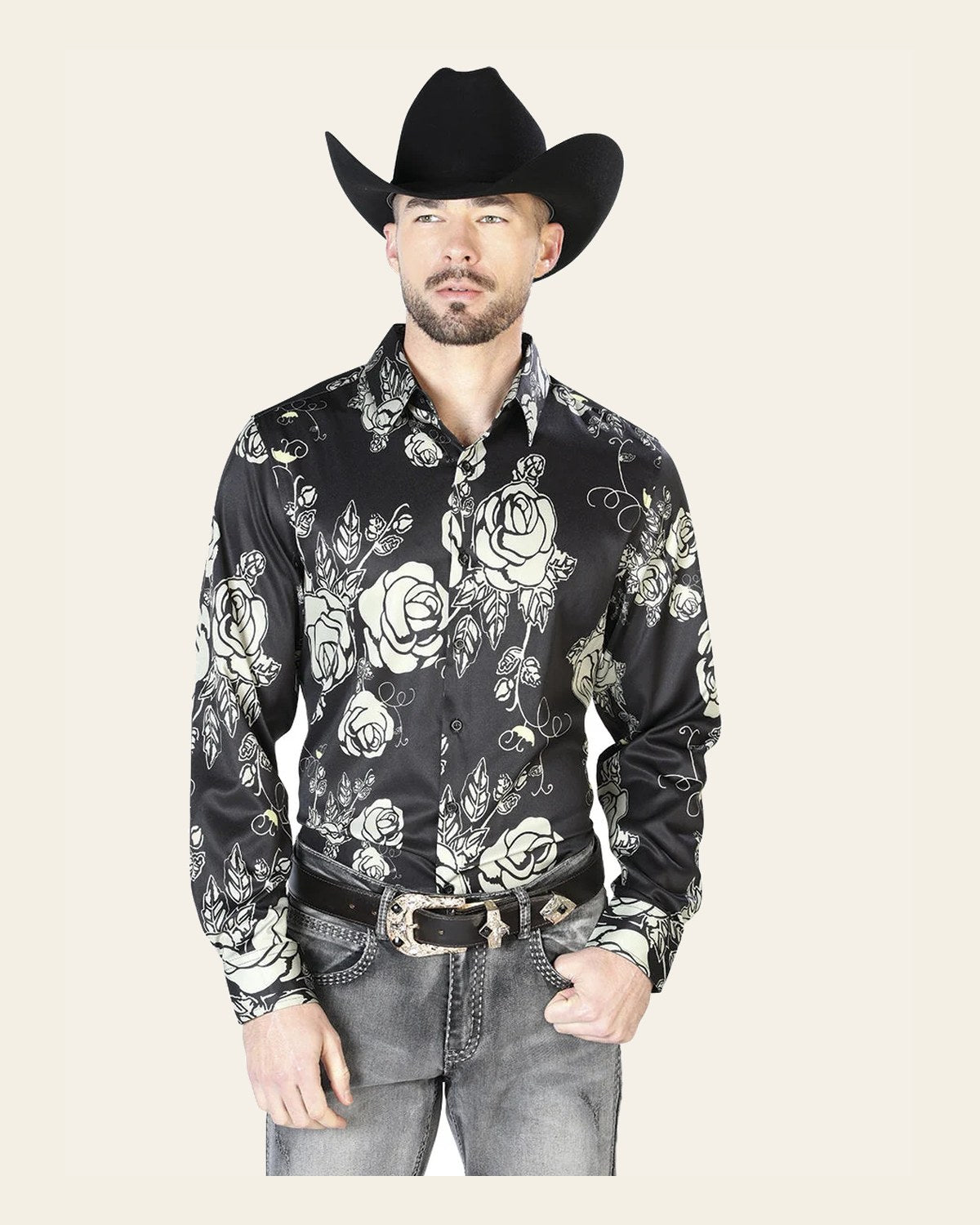 Black Casual Long Sleeve Shirt 43679 on a warm cream background