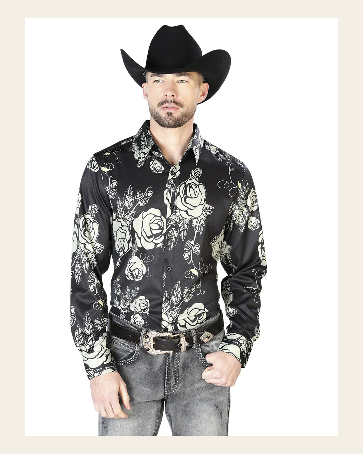 Black Casual Long Sleeve Shirt 43679 on a warm cream background