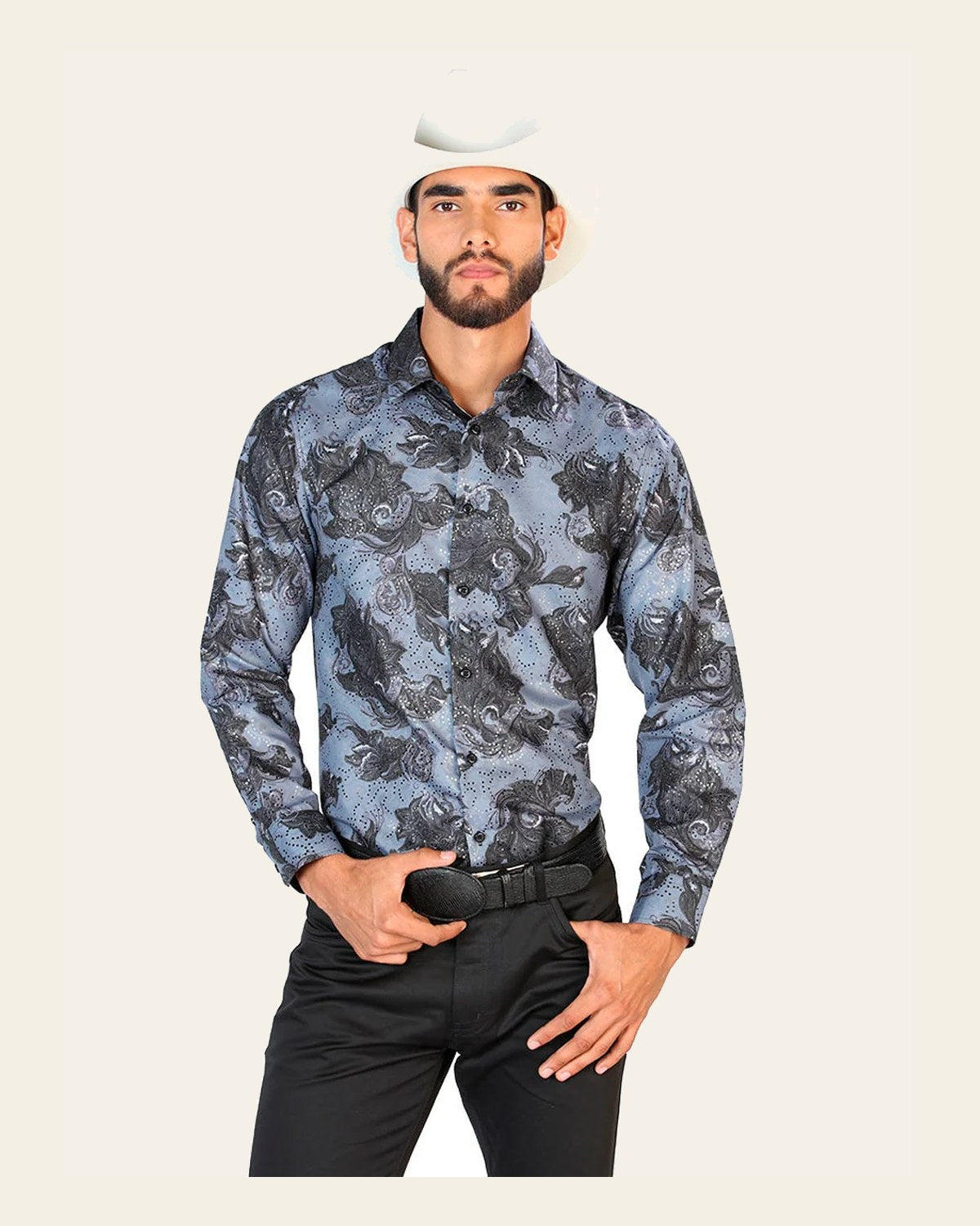 Black Casual Long Sleeve Shirt 43775 on a warm cream background
