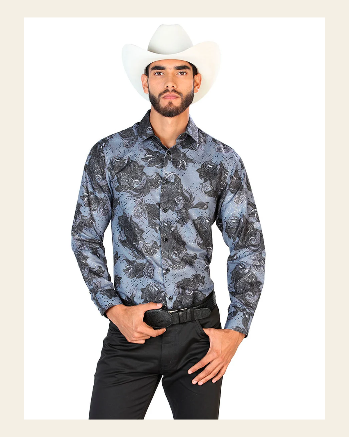 Black Casual Long Sleeve Shirt 43775 on a warm cream background