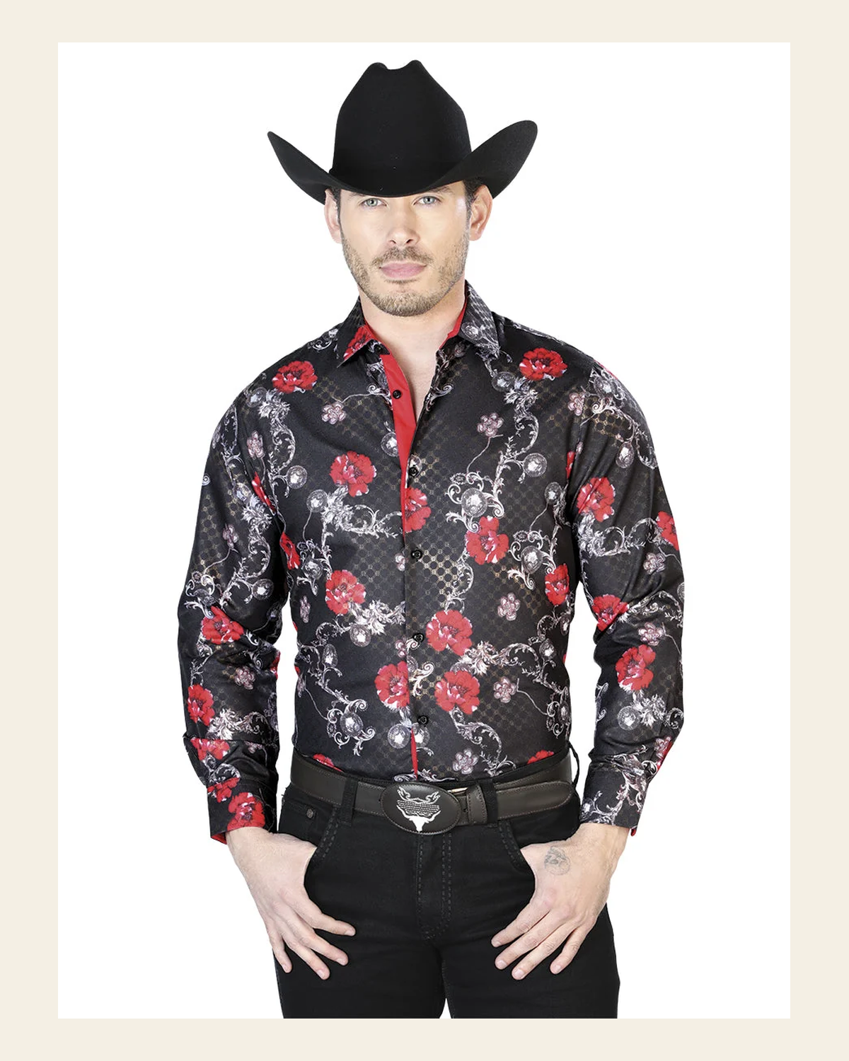 Black Casual Long Sleeve Shirt 43809 on a warm cream background