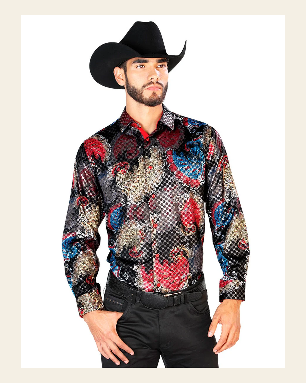 Black Casual Long Sleeve Shirt 43836 on a warm cream background