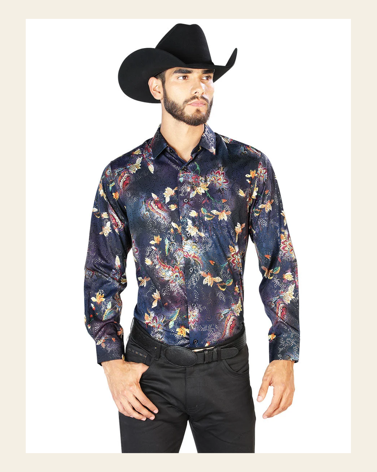 Black Casual Long Sleeve Shirt 43841 on a warm cream background