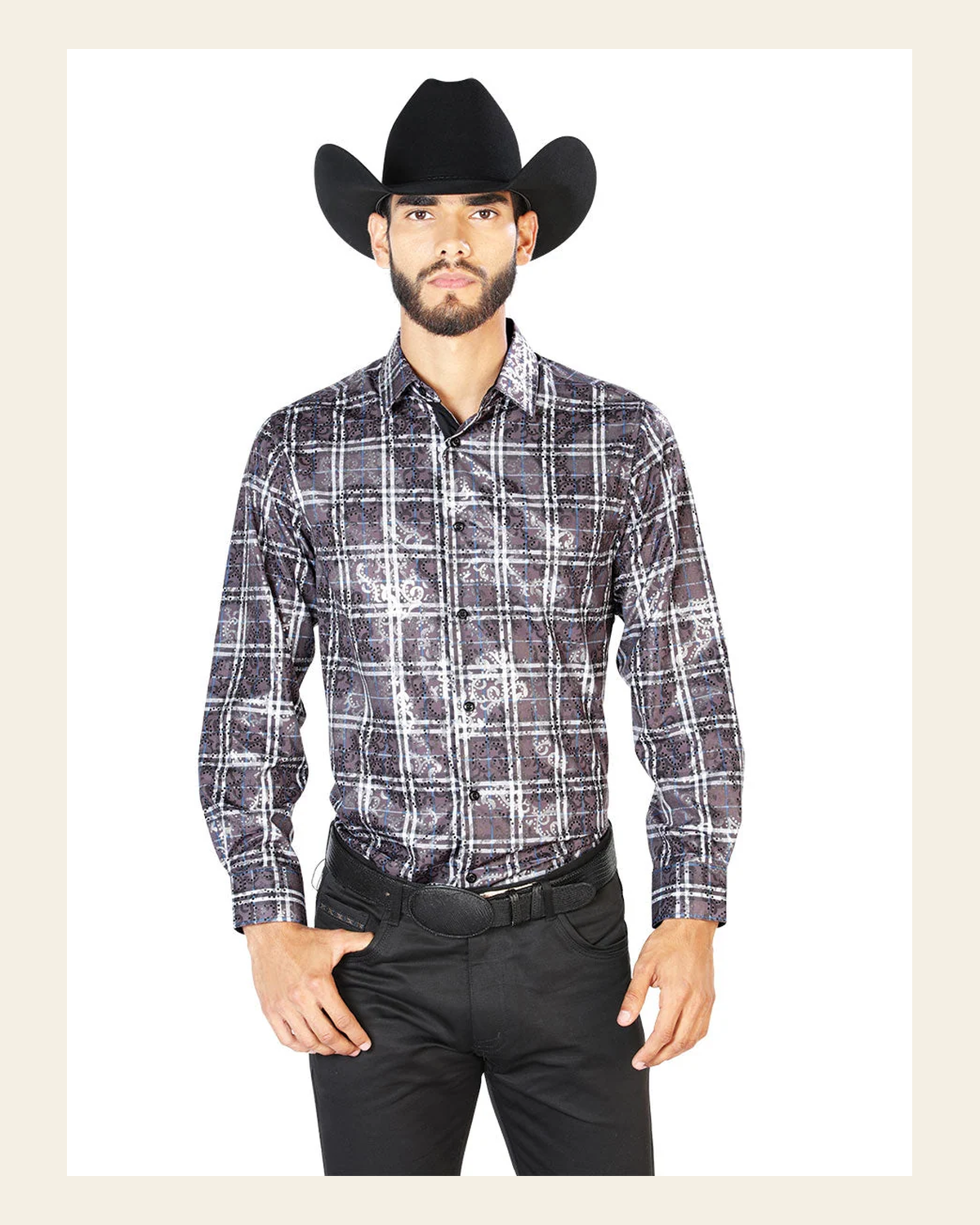 Black Casual Long Sleeve Shirt 43848 on a warm cream background