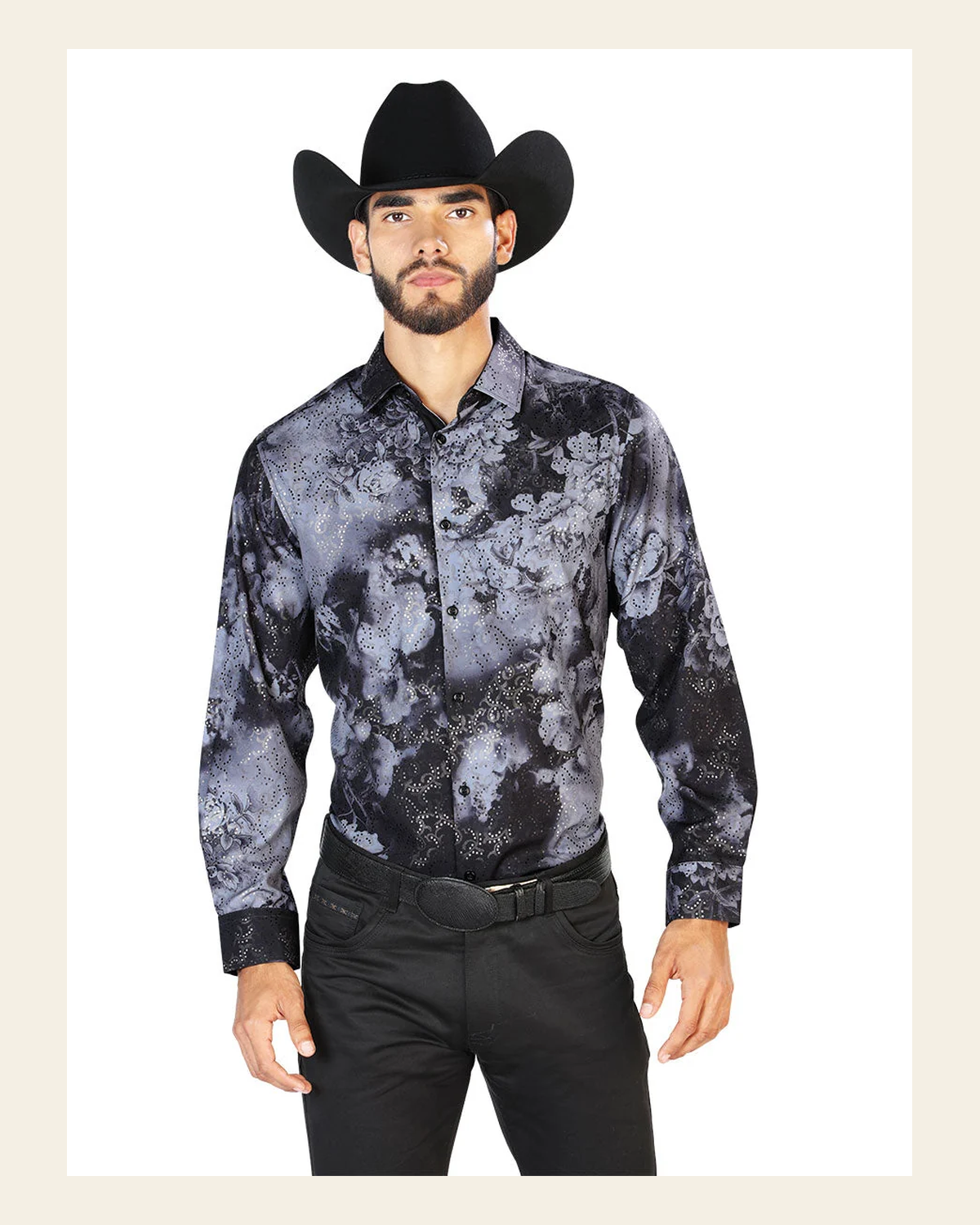 Black Casual Long Sleeve Shirt 43849 on a warm cream background