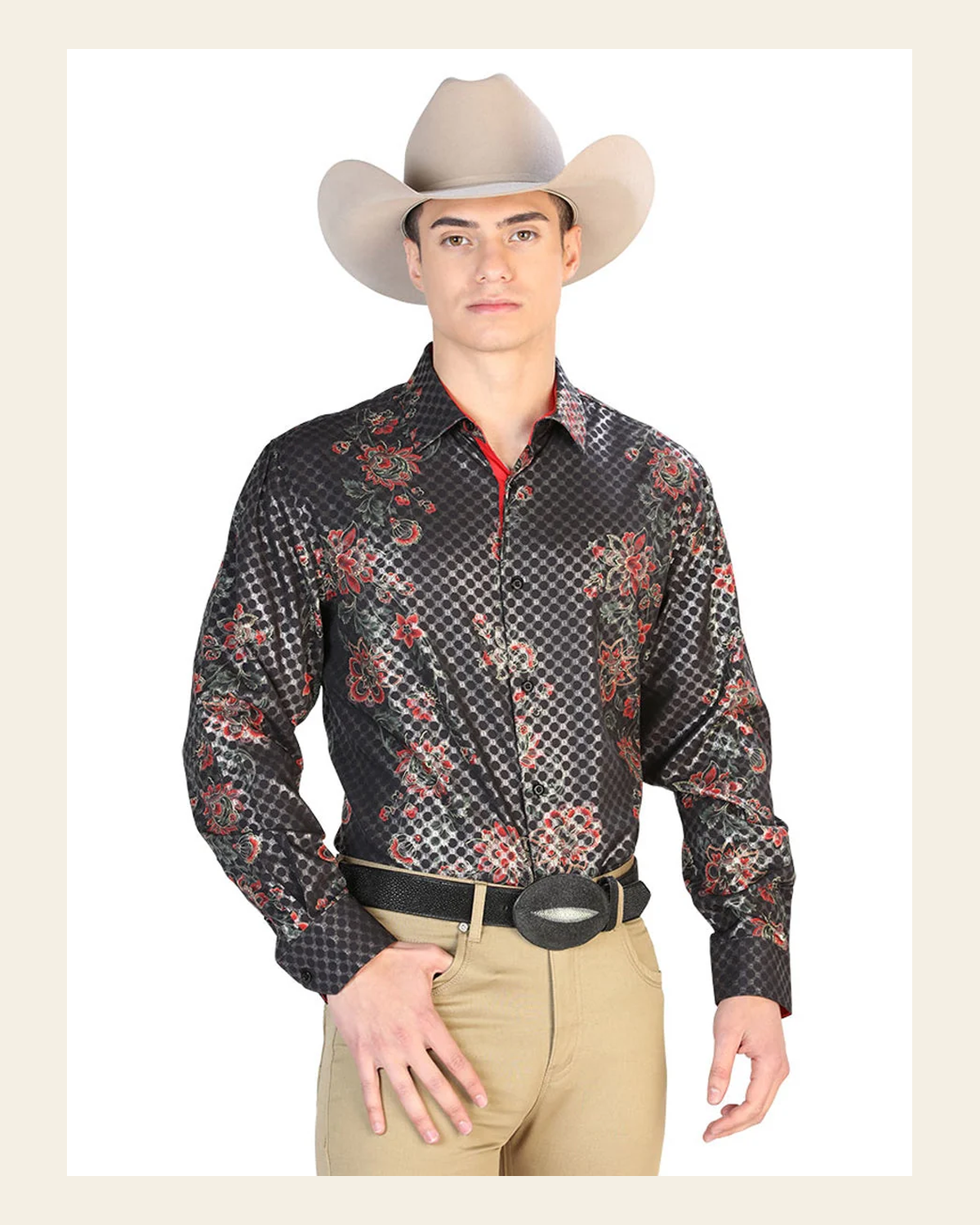 Black Casual Long Sleeve Shirt 43857 on a warm cream background