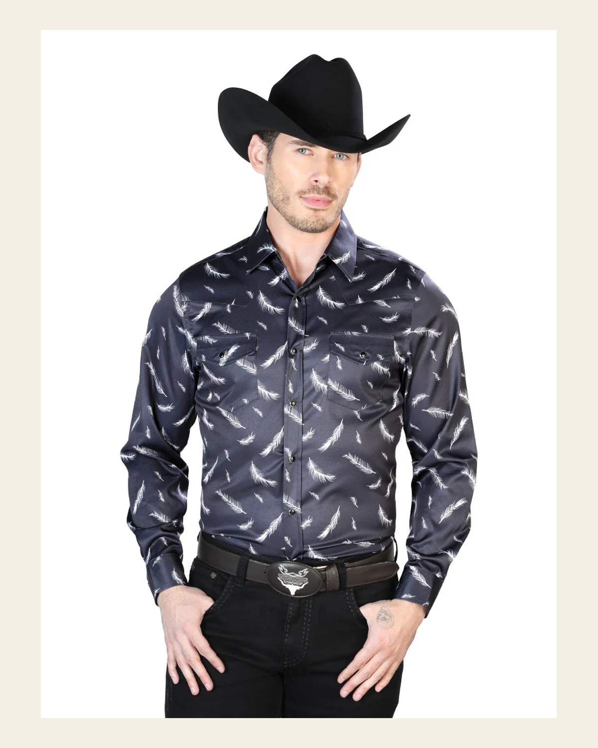 Black Casual Long Sleeve Shirt 43934 on a warm cream background