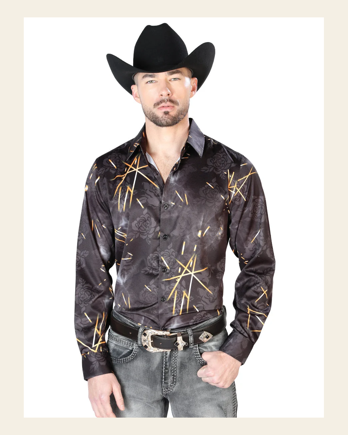 Black Casual Long Sleeve Shirt 43989 on a warm cream background