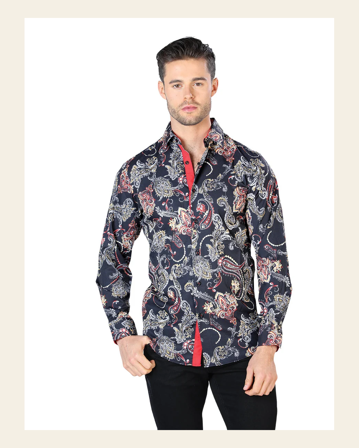 Black Casual Long Sleeve Shirt 44049 on a warm cream background